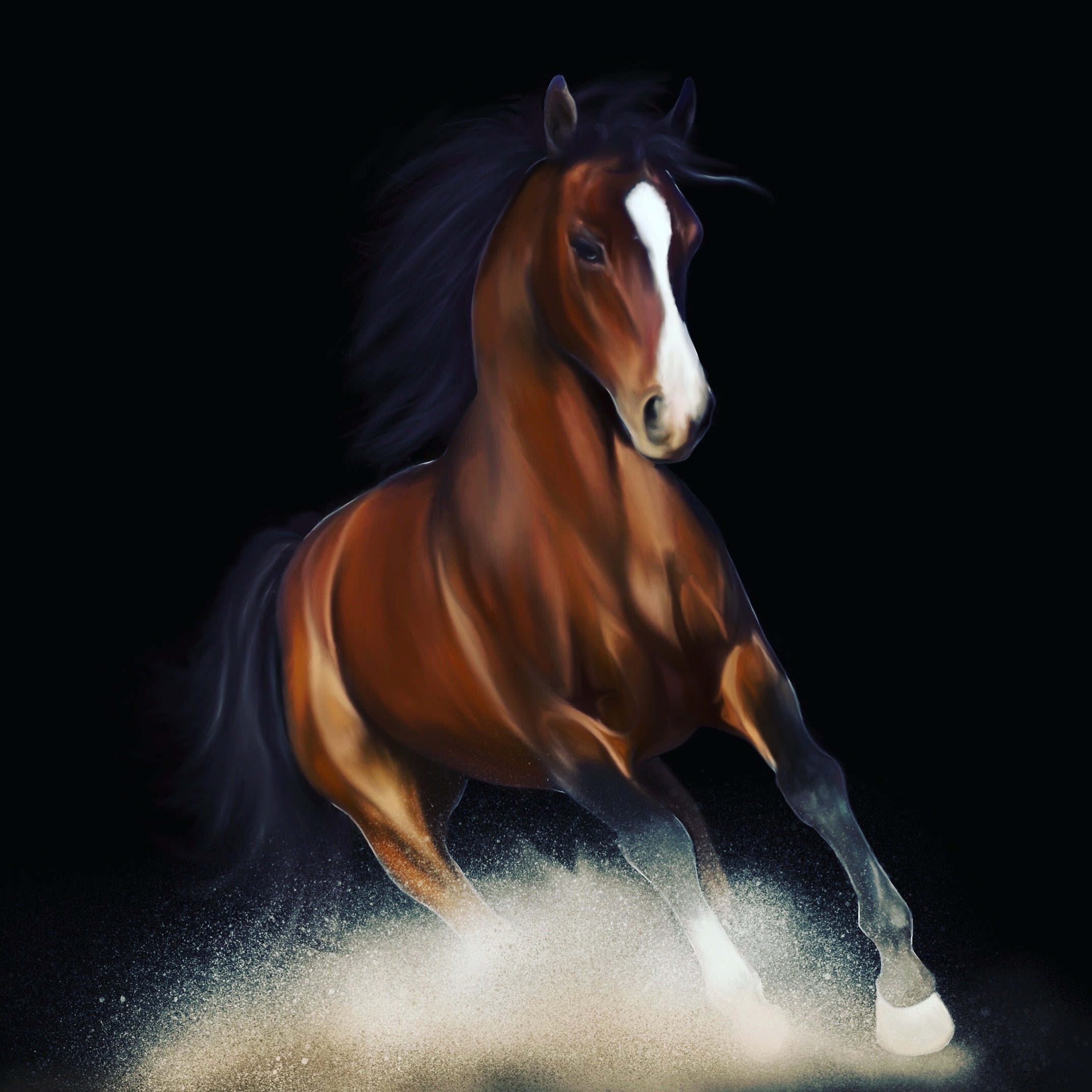 Illustrazione digitale di un cavallo in movimento su fondo nero
